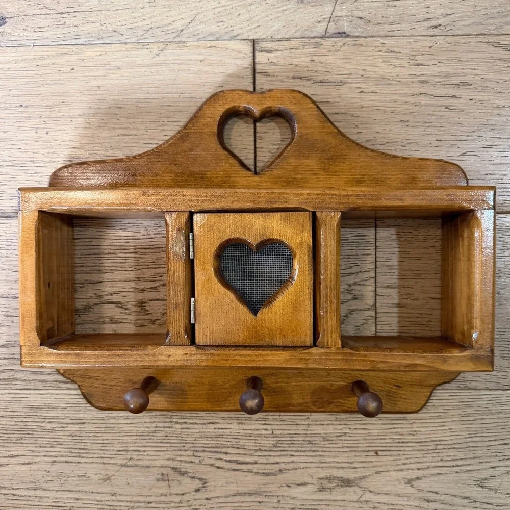 Handmade Solid Wood Wall Trinket Organizer Small Brown Heart Cutout Rustic Pegs
